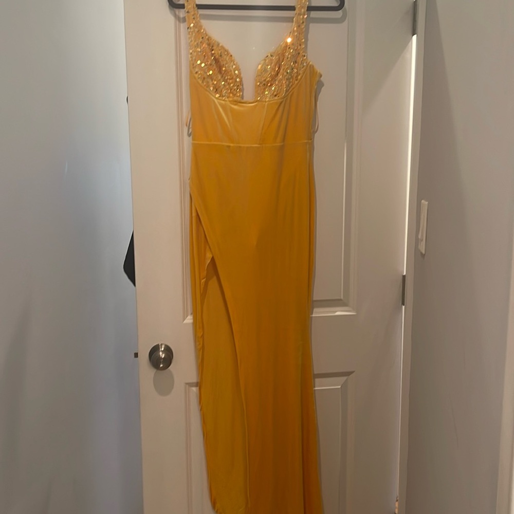 Deena velvet maxi dress, yellow sequins, Banjul maxi dress with high slit